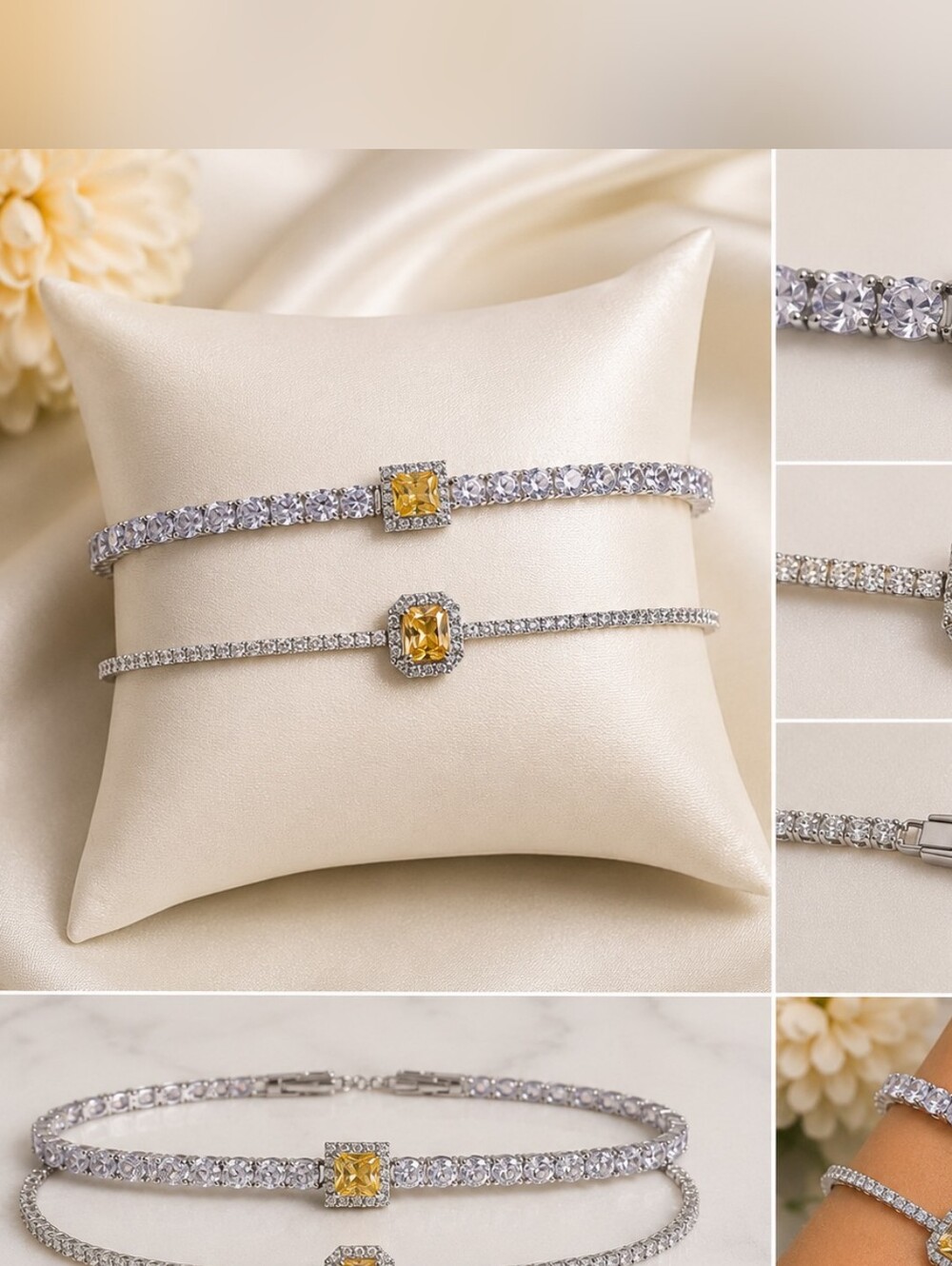Silver-Tone Yellow Stone Bracelet Set – 2 Piece